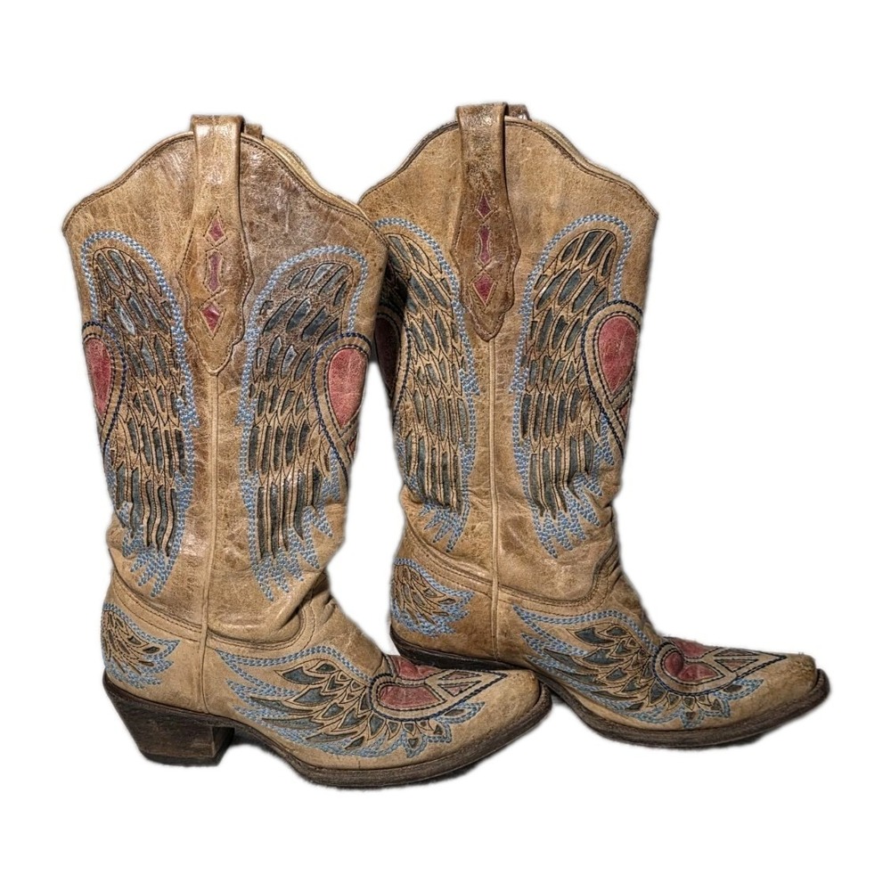 Corral Vintage Sz 6.5 M Fancy Heart Wings Peace Snip Toe Cowboy Western Boots